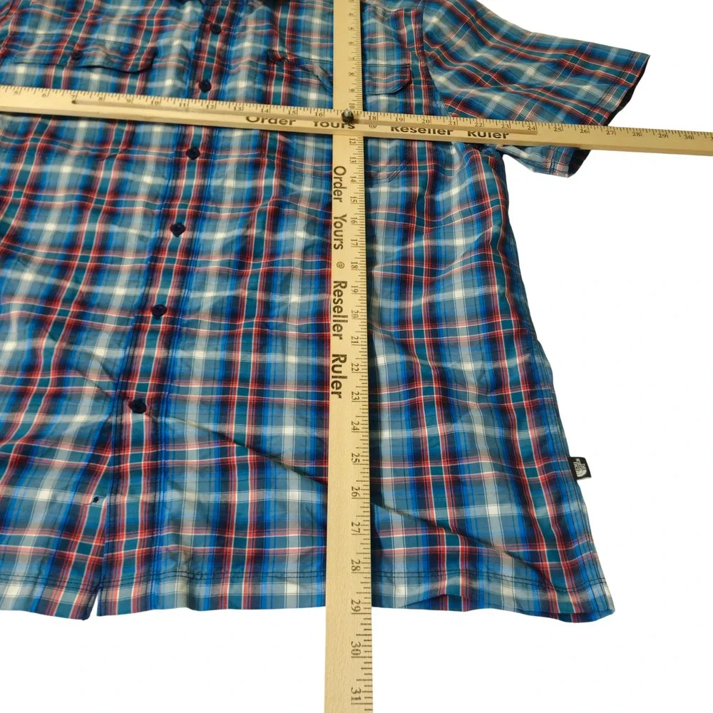 The North Face Nylon Button Shirt Mens L Blue‎ Red Plaid S/S Performance Hiking